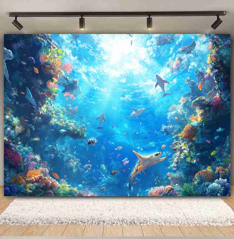 Underwater World Background  F - Aquarium Fish Dolphin บทวิจารณ์และราคา