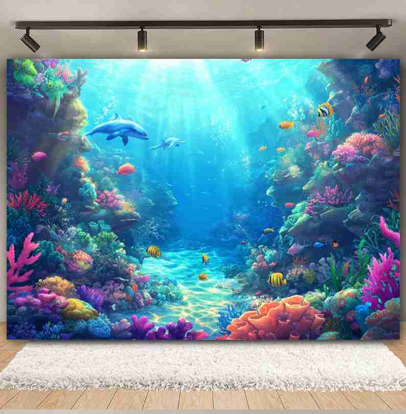 Underwater World Background  F - Aquarium Fish Dolphin บทวิจารณ์และราคา